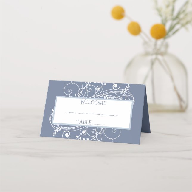 Dusty Blue Flourish Reception Place Card (Front)