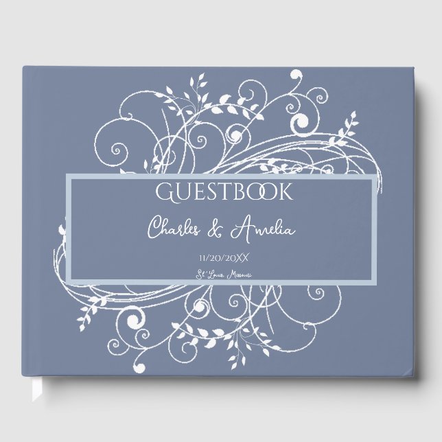 Dusty Blue Flourish Wedding Guest Book (Front)