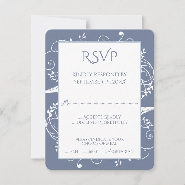 Dusty Blue Flourish Wedding RSVP Card (Front)