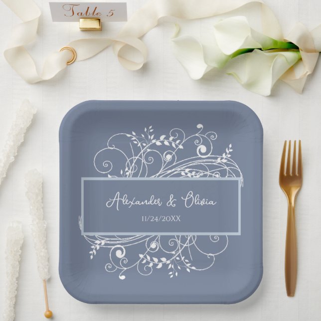 Dusty Blue Flourish Wedding Shower Paper Plates (Wedding)