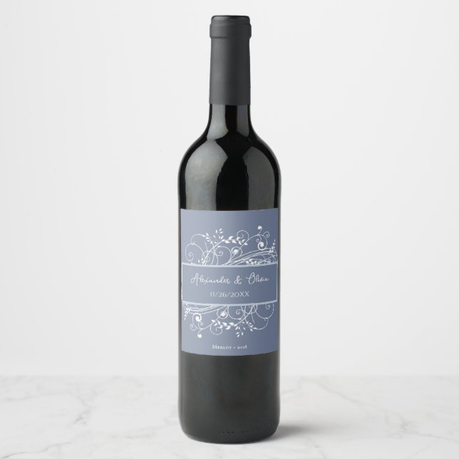 Dusty Blue Flourish Wedding Wine Label (Front)