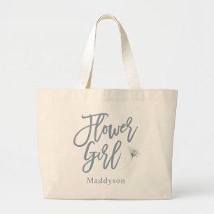 Dusty Blue Flower Girl Lettering Script Large Tote Bag