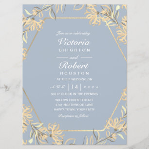 Dusty blue flower gold frame Wedding Invitations