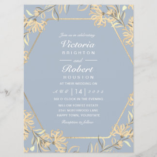 Dusty blue flower gold frame Wedding Invitations