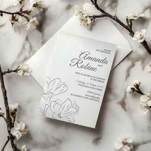 Dusty Blue Flower Outline Wedding Invitation