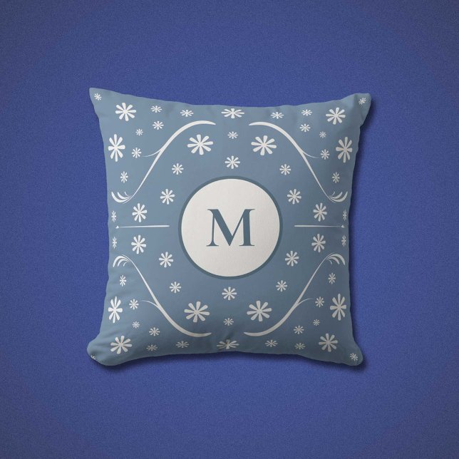 Dusty Blue Flower Power Monogram Pillow (Dusty Blue Flower Power Monogram Pillow)