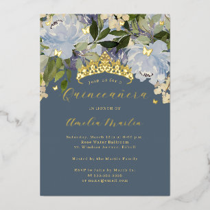 Dusty Blue Flower Shine Butterflies Quinceanera