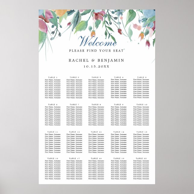dusty blue flower watercolor wedding seating chart (Front)