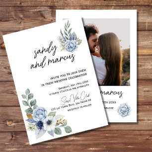 Dusty Blue Flower Wedding Photo Invitation