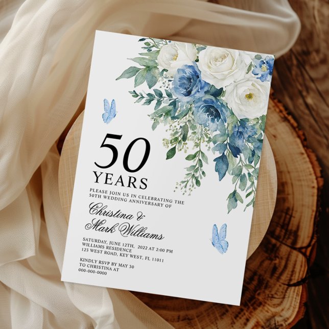 Dusty Blue Flowers 50th Wedding Anniversary Invitation (Creator Uploaded)