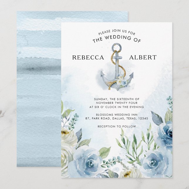 Dusty Blue Flowers Anchor Wedding Invitation (Front/Back)