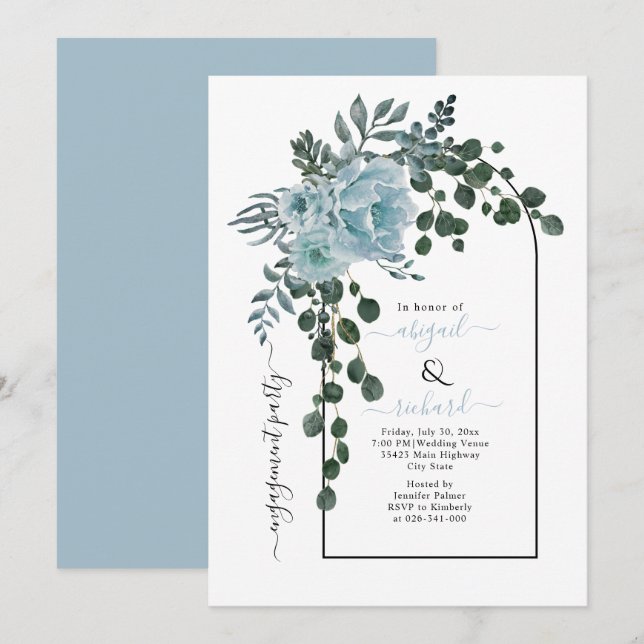 Dusty blue flowers and arch engagement party invitation (Front/Back)