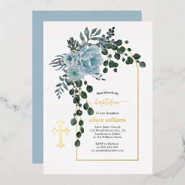 Dusty blue flowers and arch floral baptism gold (Front/Back)