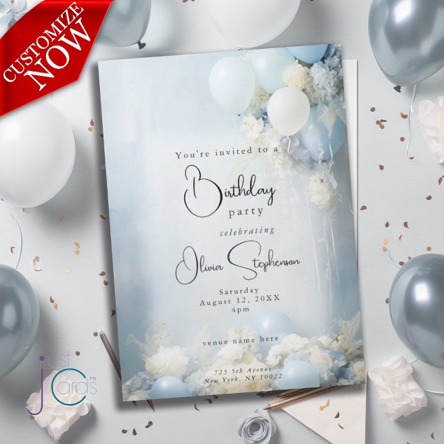 Dusty Blue Flowers and Balloons  QR Birthday  Invitation (Easily customized text )