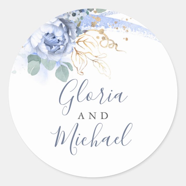 Dusty Blue Flowers and Gold Greenery Classic Round Sticker (Front)