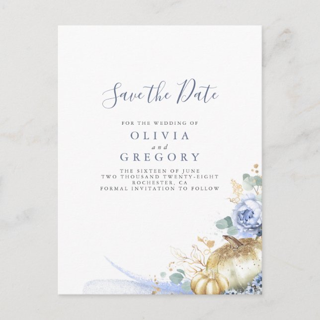 Dusty Blue Flowers and Pumpkins Save The Date Announcement Postcard (Front)