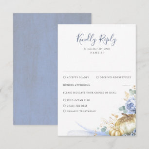 Dusty Blue Flowers and Pumpkins Wedding RSVP Card