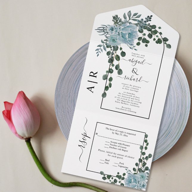 Dusty blue flowers, arch and monogram wedding all in one invitation (Creator Uploaded)