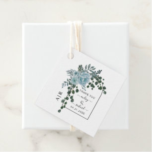 Dusty blue flowers arch and monogram wedding favour tags