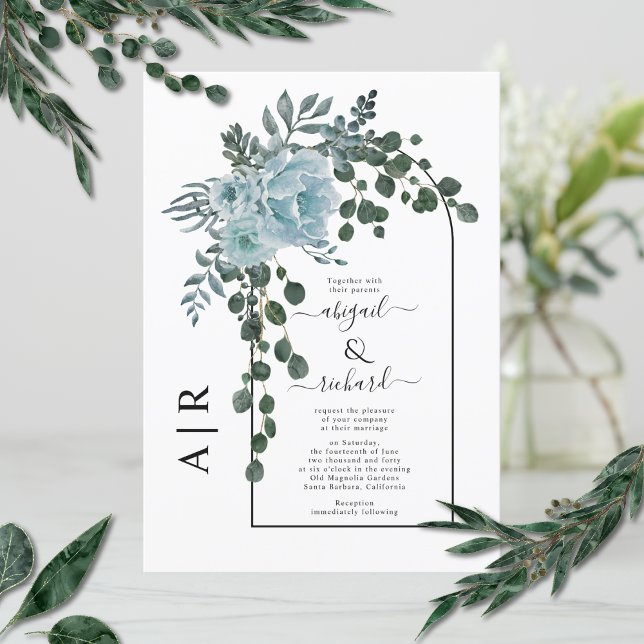 Dusty blue flowers arch and monogram wedding invitation (Creator Uploaded)