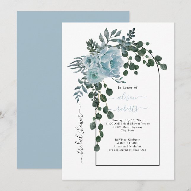 Dusty blue flowers arch wedding bridal shower invitation (Front/Back)