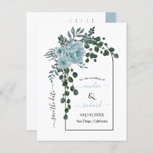 Dusty blue flowers arch wedding Save the Date Postcard