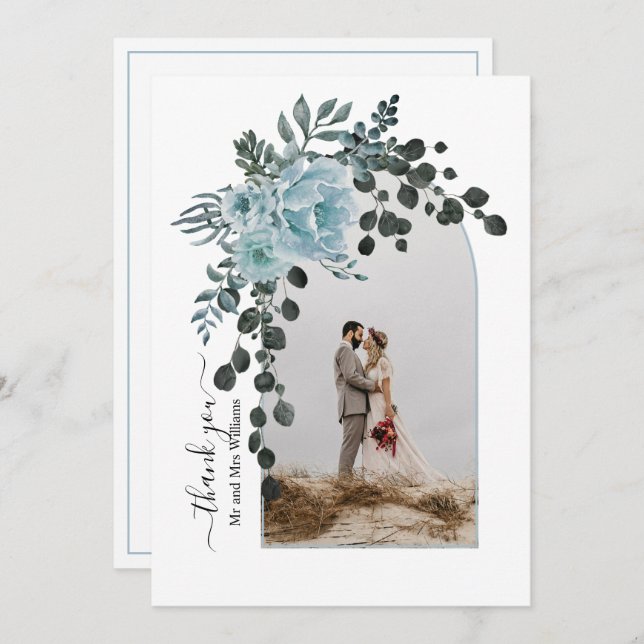 Dusty blue flowers, arch with photo fall wedding thank you card (Front/Back)