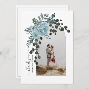 Dusty blue flowers, arch with photo fall wedding thank you card