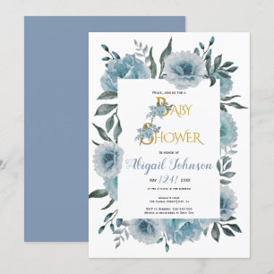 Dusty blue flowers baby shower for boys invitation