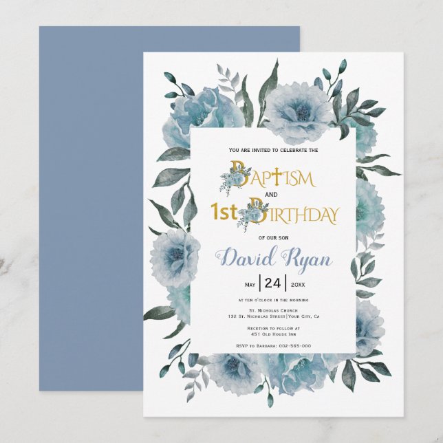 Dusty blue flowers boy baptism and 1st birthday  invitation (Front/Back)