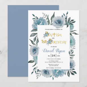 Dusty blue flowers boy baptism and 1st birthday  invitation