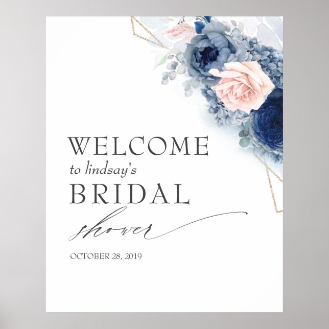 Dusty Blue Flowers Bridal / Baby Shower Welcome Poster (Front)