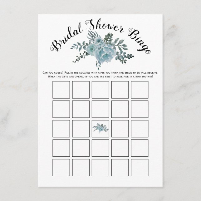 Dusty blue flowers bridal bingo game card (Front)