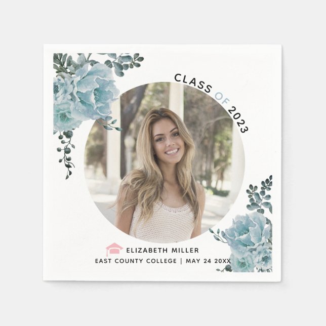 Dusty blue flowers Class of 2022 graduation photo Napkin (Front)