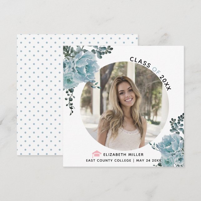 Dusty blue flowers Class of 2025 graduation photo Announcement (Front/Back)