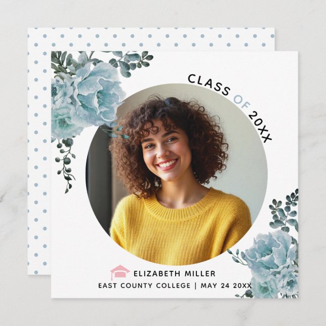 Dusty blue flowers Class of 2026 graduation photo Announcement (Front/Back)