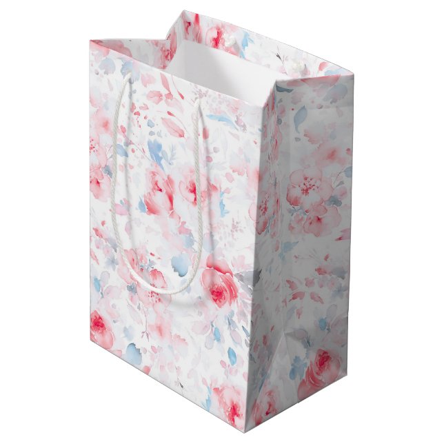 Dusty Blue Flowers Elegant Boho Painted Pattern Medium Gift Bag (Back Angled)