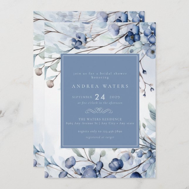Dusty Blue Flowers | Elegant Garden Bridal Shower Invitation (Front/Back)