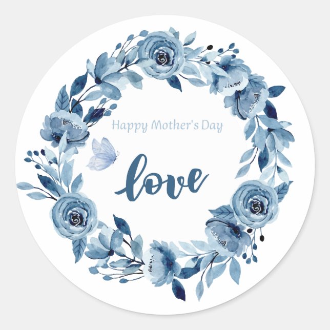 Dusty Blue Flowers Elegant love You Classic Round Sticker (Front)