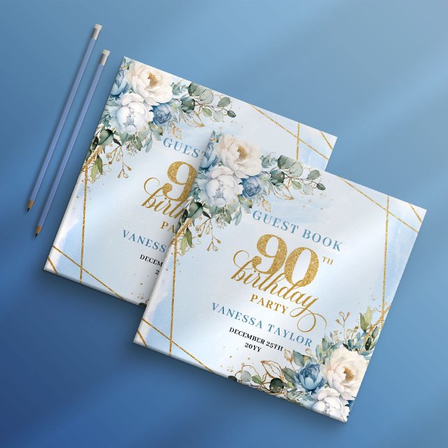 Dusty Blue Flowers Elegant Script 90th Birthday  Guest Book (Dusty Blue Flowers Elegant Script 90th Birthday Guest Book

)