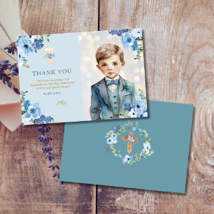 Dusty Blue Flowers First Holy Communion Boys Thank You Card
