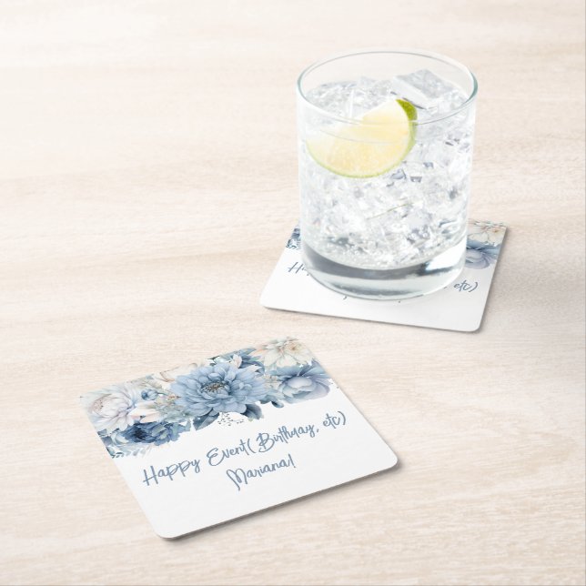 Dusty Blue Flowers Floral  Party Square Paper Coaster (Insitu)