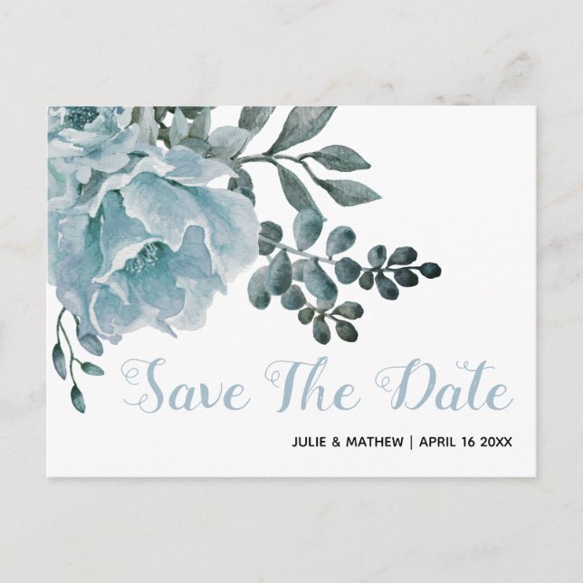 Dusty blue flowers floral wedding Save the Date Announcement Postcard (Front)