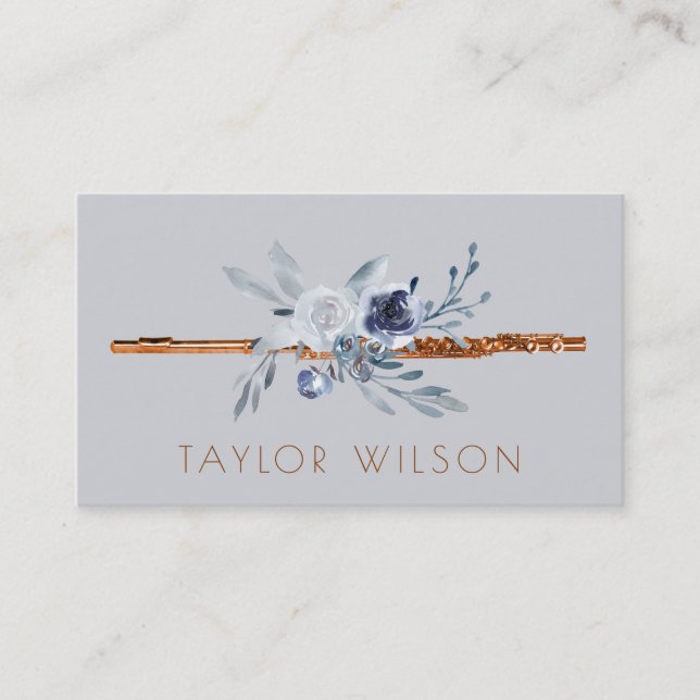 dusty blue flowers flute teacher business card (Front)