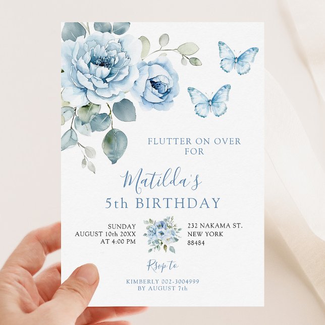 Dusty Blue Flowers Flutter on Over Birthday Invitation (Creator Uploaded)