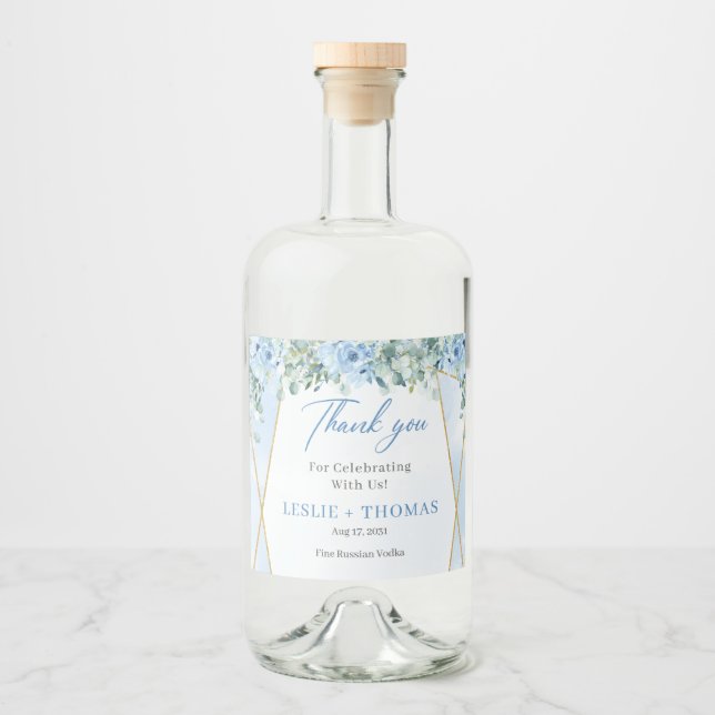 Dusty blue flowers gold geometric eucalyptus liquor bottle label (Front)