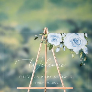 Dusty Blue Flowers, Greenery, Baby Shower Welcome Acrylic Sign