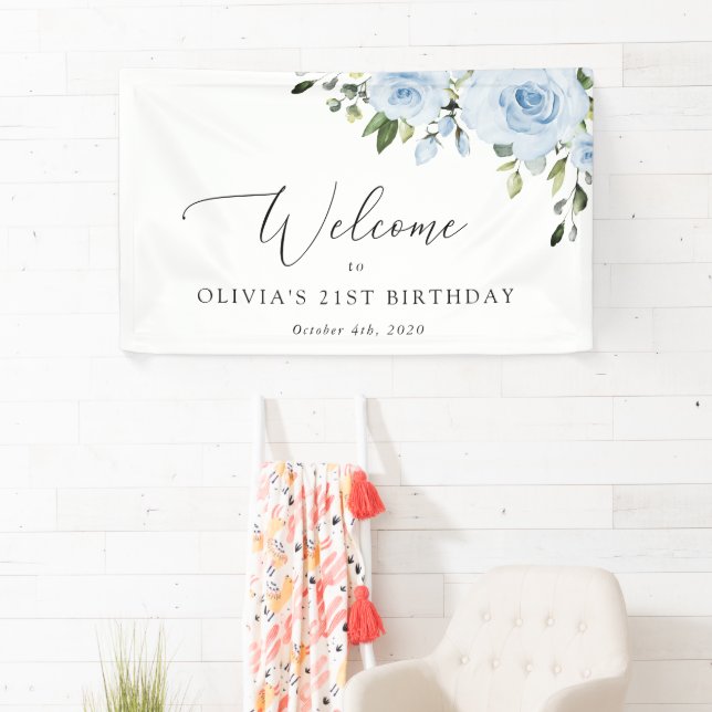 Dusty Blue Flowers, Greenery, Birthday Welcome Banner (Insitu)