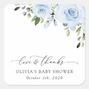 Dusty Blue Flowers, Greenery, Boho, Baby Shower Square Sticker