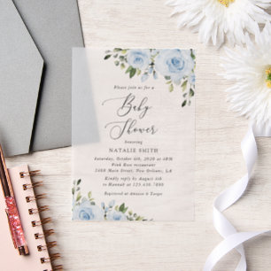 Dusty Blue Flowers, Greenery, Boho, Baby Shower Vellum Invitations